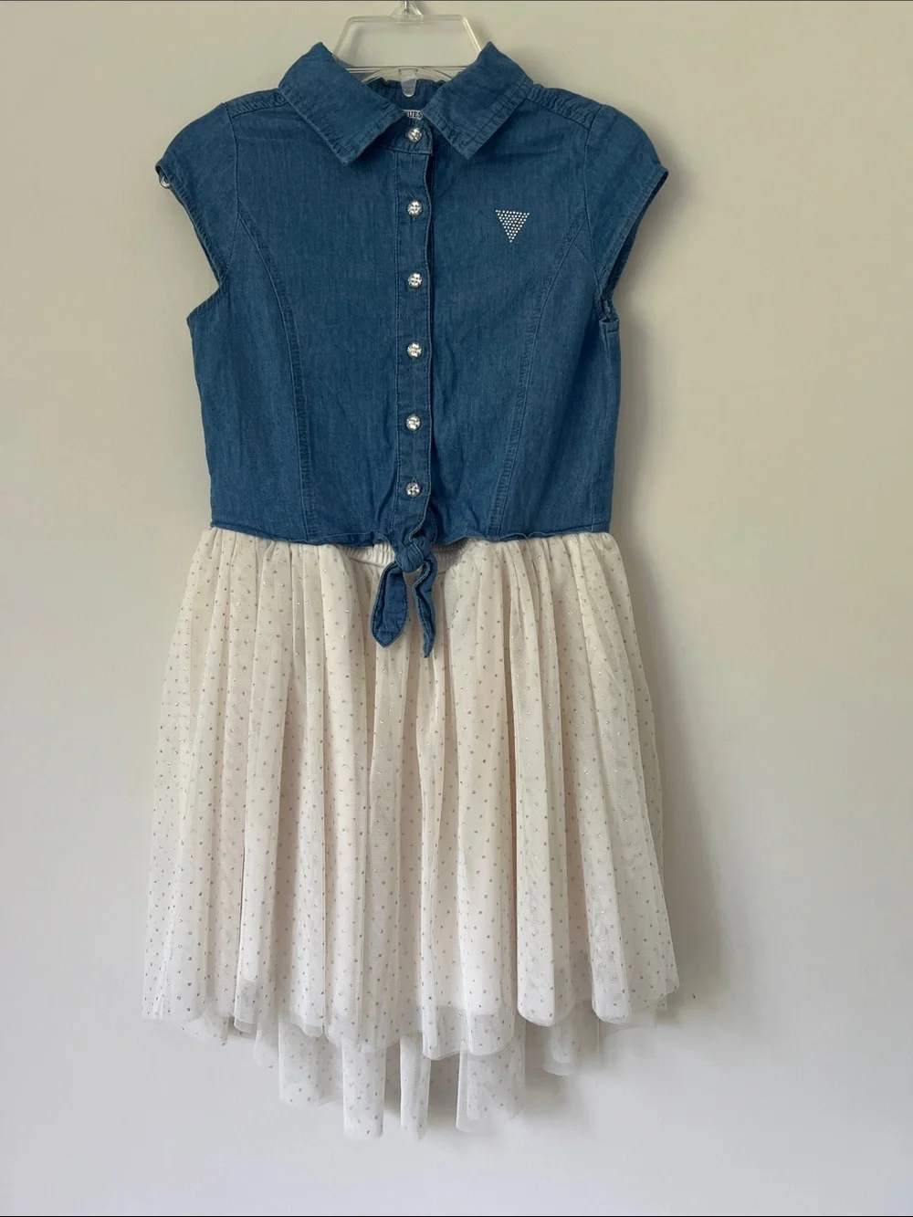Guess Girls Blue Denim Tie-Front Top with White Dotted Tulle Skirt